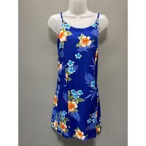 Tiki Palm Hawaiian Blue Floral Slip Dress Sundress Beach Pool Cover-up Size M